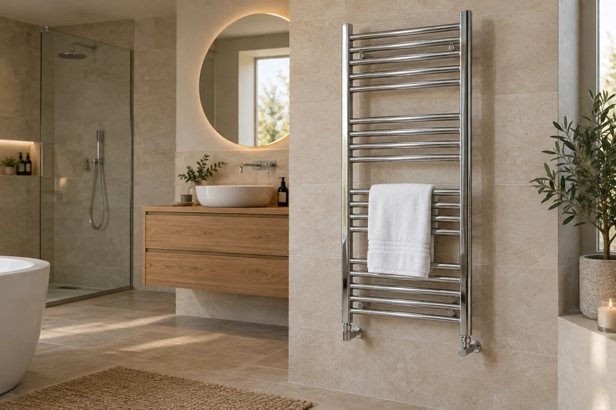 a chrome heated towel rail in a modern bathroom