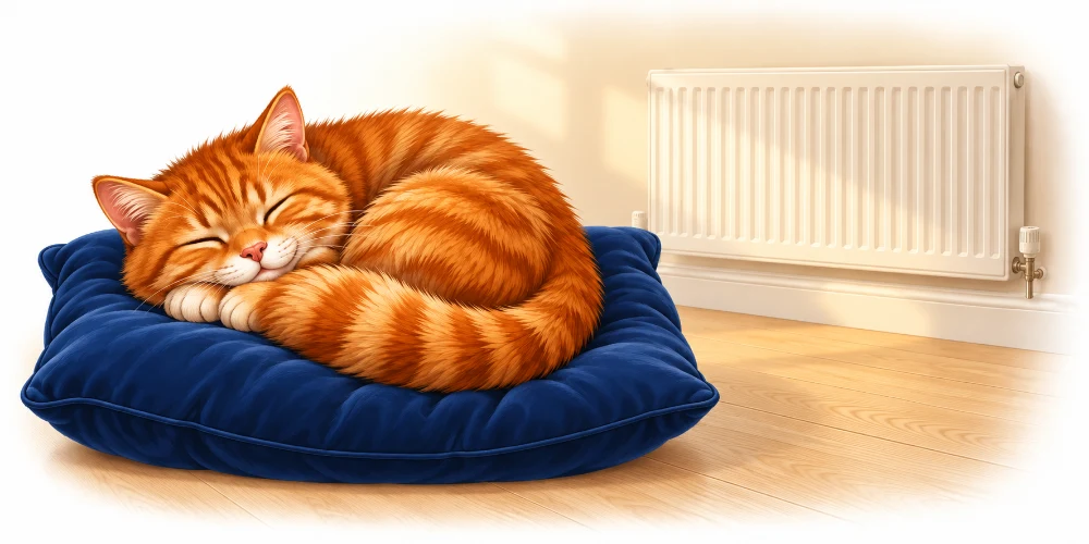 A sleeping ginger cat on a navy cushion beside a radiator in a cosy room