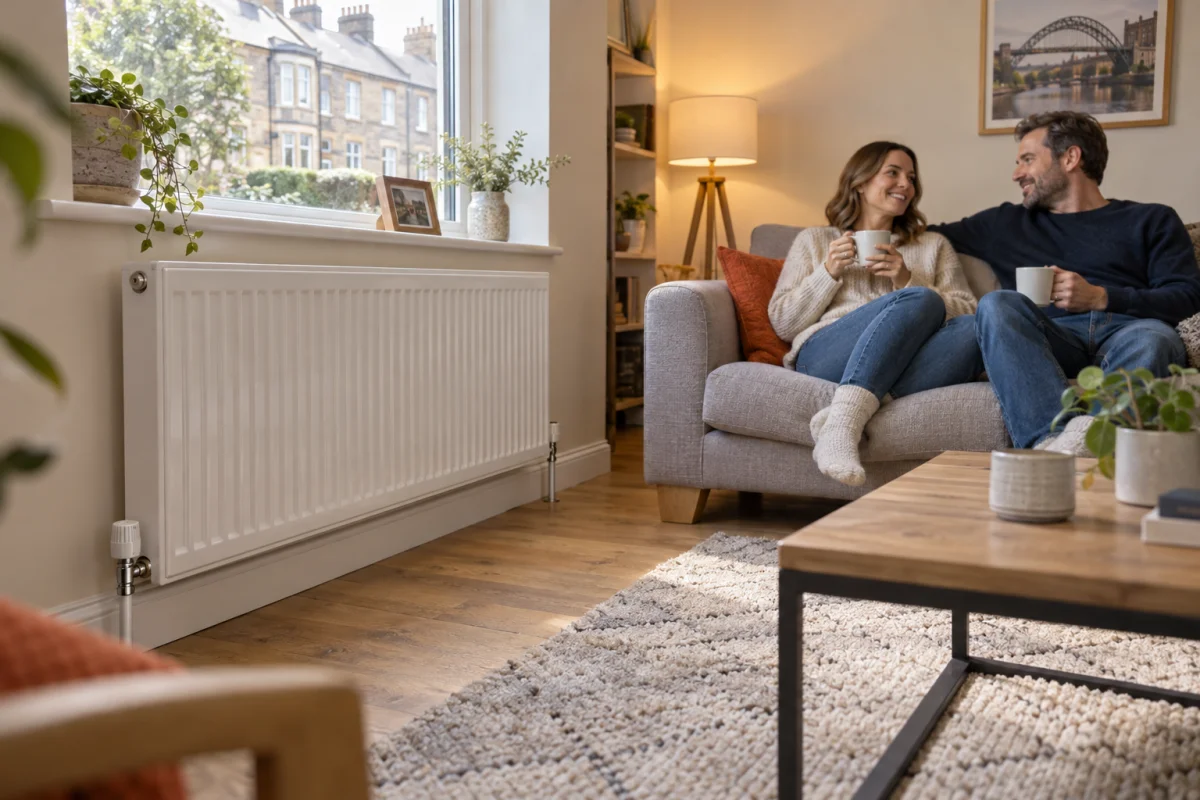 a couple in a cosy lounge with a radiator