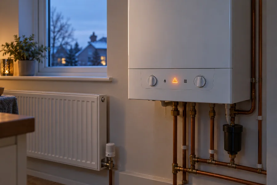 A domestic boiler showing a fault indicator beside a radiator on a cold evening