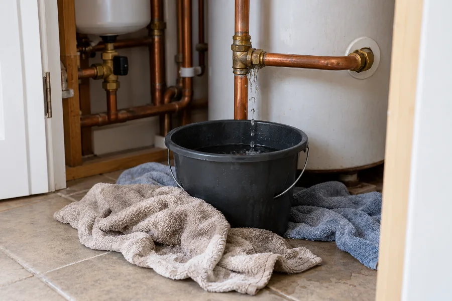 An active water leak from a copper joint above a bucket and towels