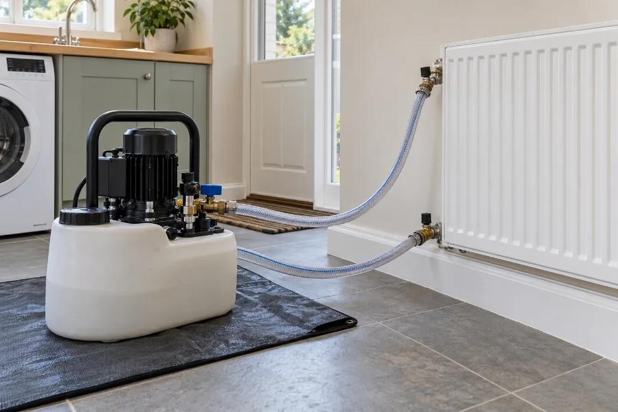 Illustrative power-flushing equipment and hoses beside a domestic radiator