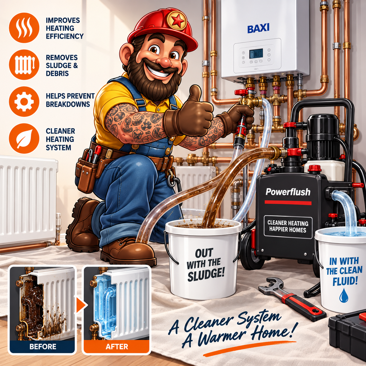 The Gas Man illustration for central heating power flushing