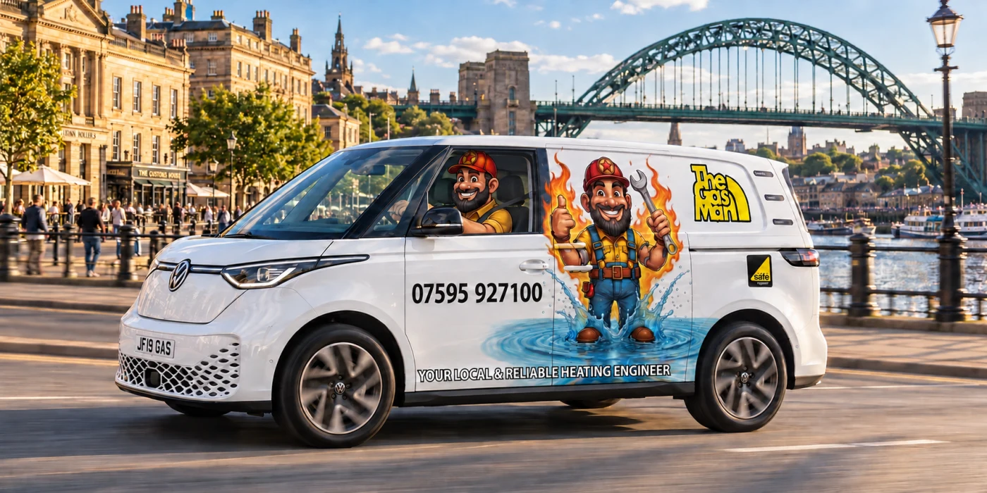 Illustration of Joe driving The Gas Man van along Newcastle Quayside beside the Tyne Bridge