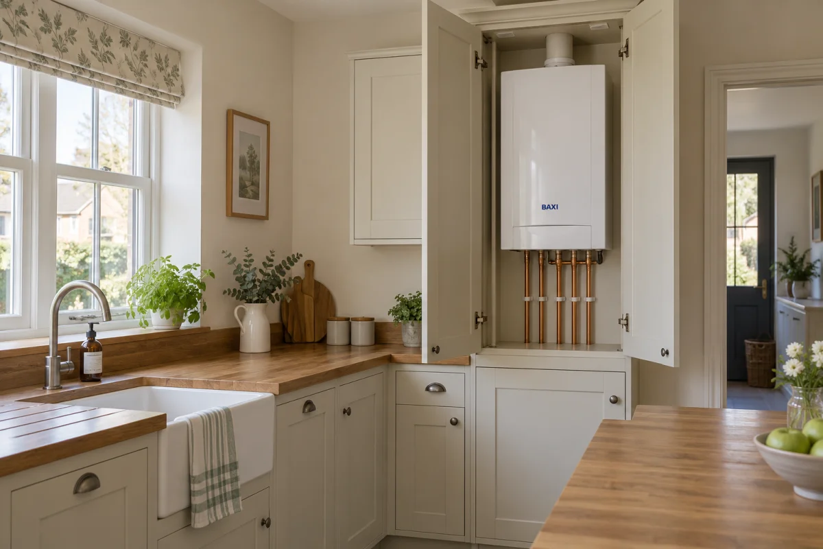 a boiler inside a kitchen cupboard