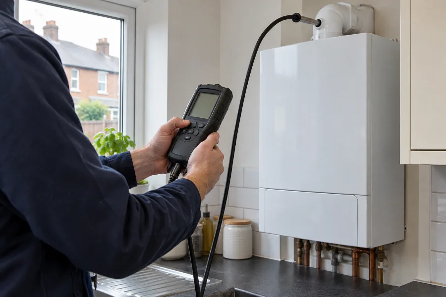 Engineer using a flue gas analyser beside a boiler in a domestic kitchen