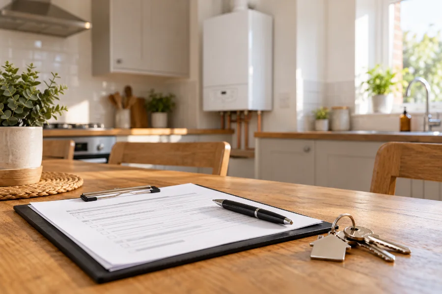 Inspection paperwork, pen and property keys on a kitchen table