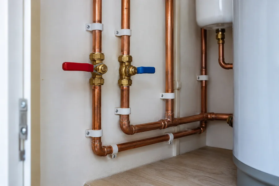 Copper domestic water pipes with brass isolation valves in a utility cupboard
