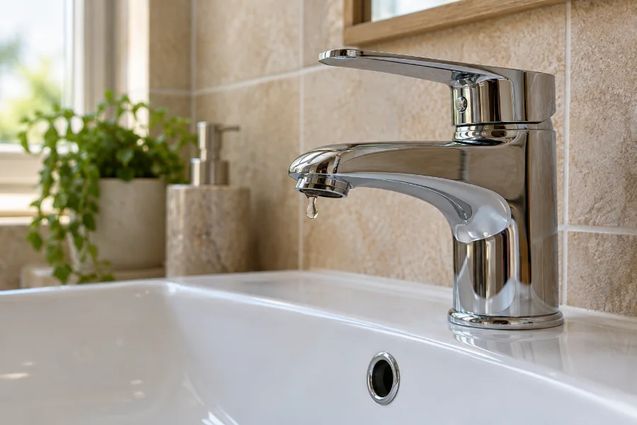 Chrome basin mixer tap with a small drip