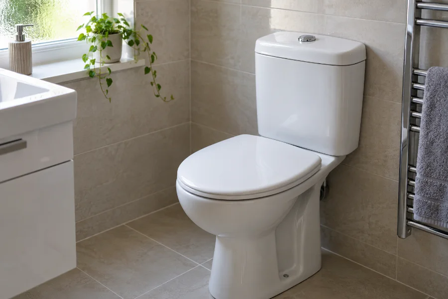 White close-coupled toilet in a modern tiled bathroom