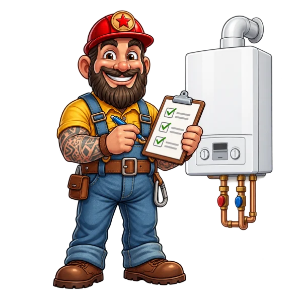 The Gas Man mascot illustrating boiler servicing