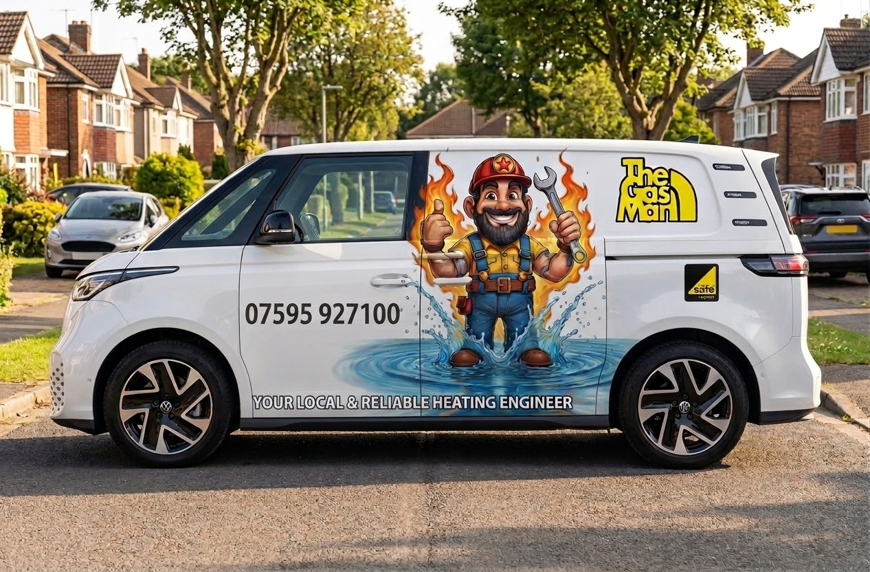 The Gas Man branded van with mascot, company logo and telephone number